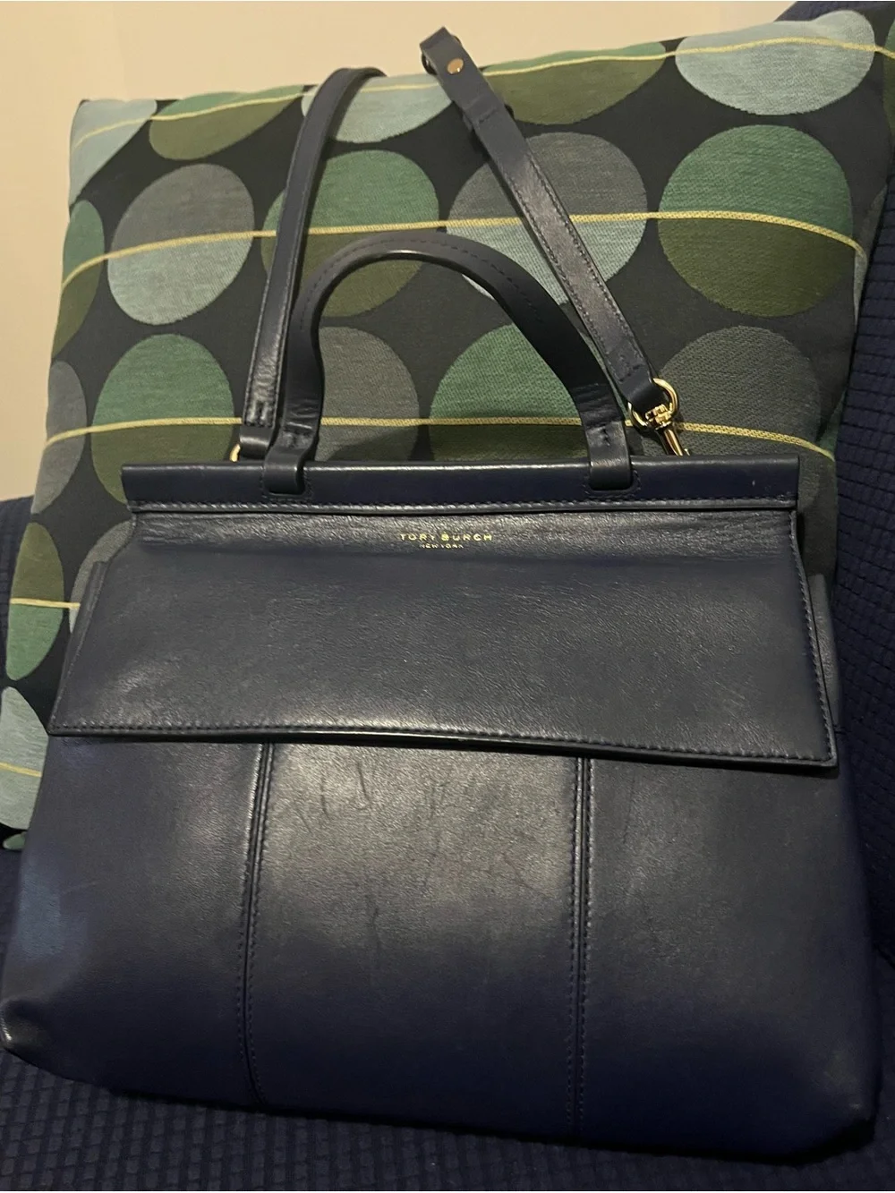 Tory Burch Navy Leather Structured Top-Handle Purse.